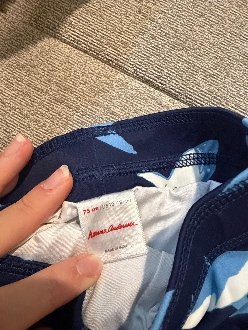 Hanna Andersson Navy Blue Swim Trunks with Light Blue Shark Print